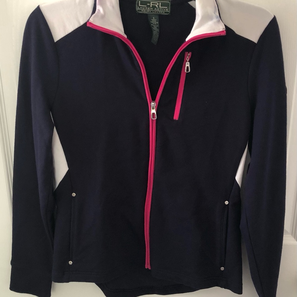 Size S Lauren Ralph Lauren L-RL Navy Track Jacket Hot Pink Trim Y2K Logo Patch